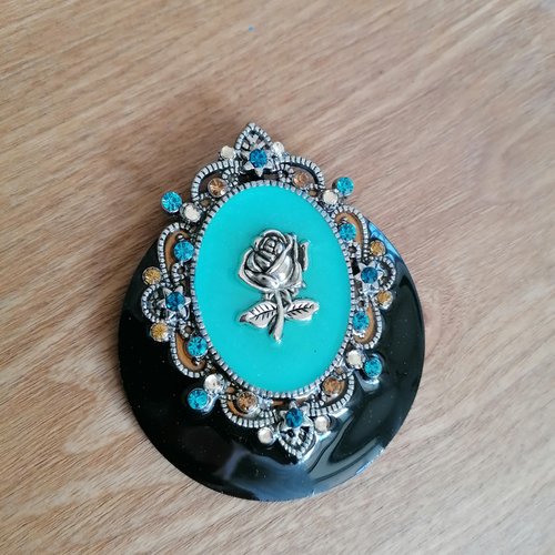 Grand pendentif en métal strass cristal turquoise et noir, pendentif unique