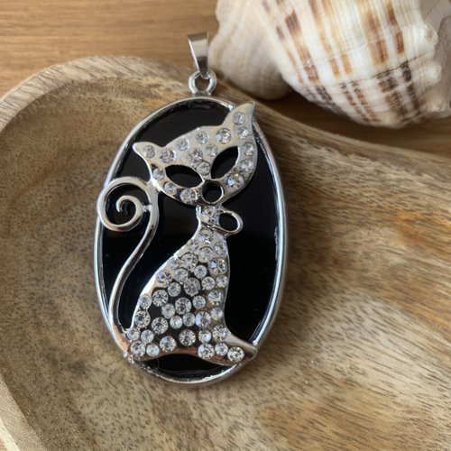 Gros pendentif chat strass argenté noir