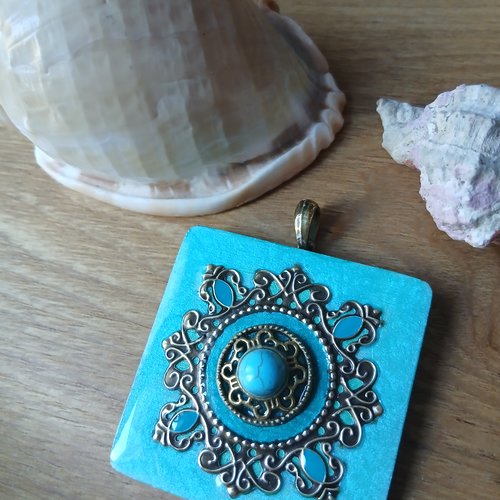 Pendentif carré turquoise bronze fait main