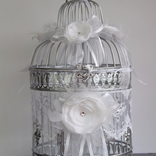 Cage à oiseaux grande urne pour mariage avec dentelle fleurs rubans