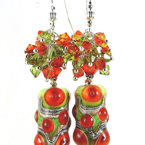 Boucles d'oreilles argent925 perles en verre filé cristal/orange -vert.