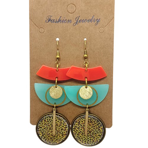 Destockage grandes boucles d'oreilles *tigresse* en laiton doré avec pendentifs recouverts de cabochons en résine