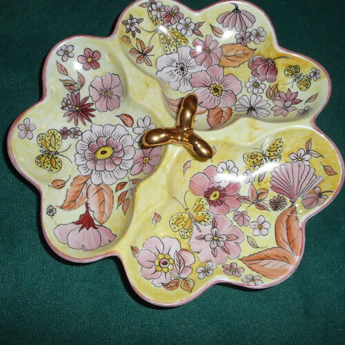 Serviteur à apéritif ou hors d'oeuvre en porcelaine peinte main : motif fleurs stylisées, teintes d'automne