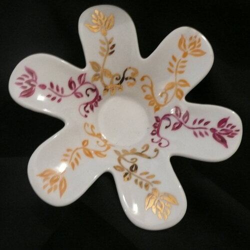 Bougeoir-fleur (porcelaine peinte main) : motif indien or, prune, ocre