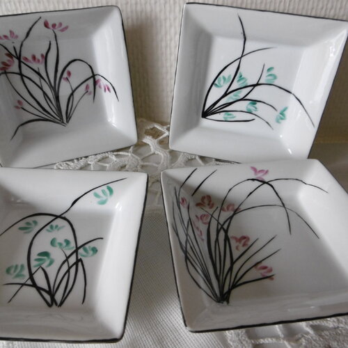 4 mini vide-poche carrés en porcelaine peinte main : orchidées rose et émeraude
