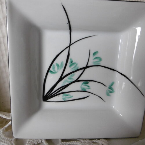 2 mini vide-poche carrés en porcelaine peinte main : orchidées émeraude