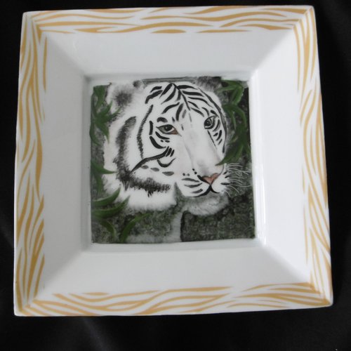 Vide poche carré en porcelaine peinte main : tête de tigre