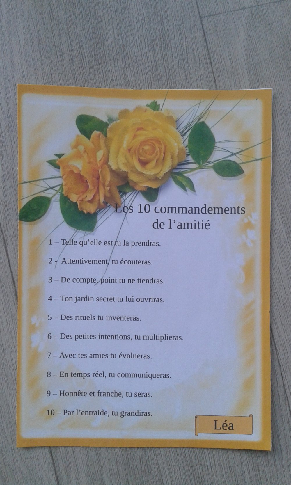 Carte Roses Jaunes Les 10 Commandements De L Amitie Personnalisable Un Grand Marche