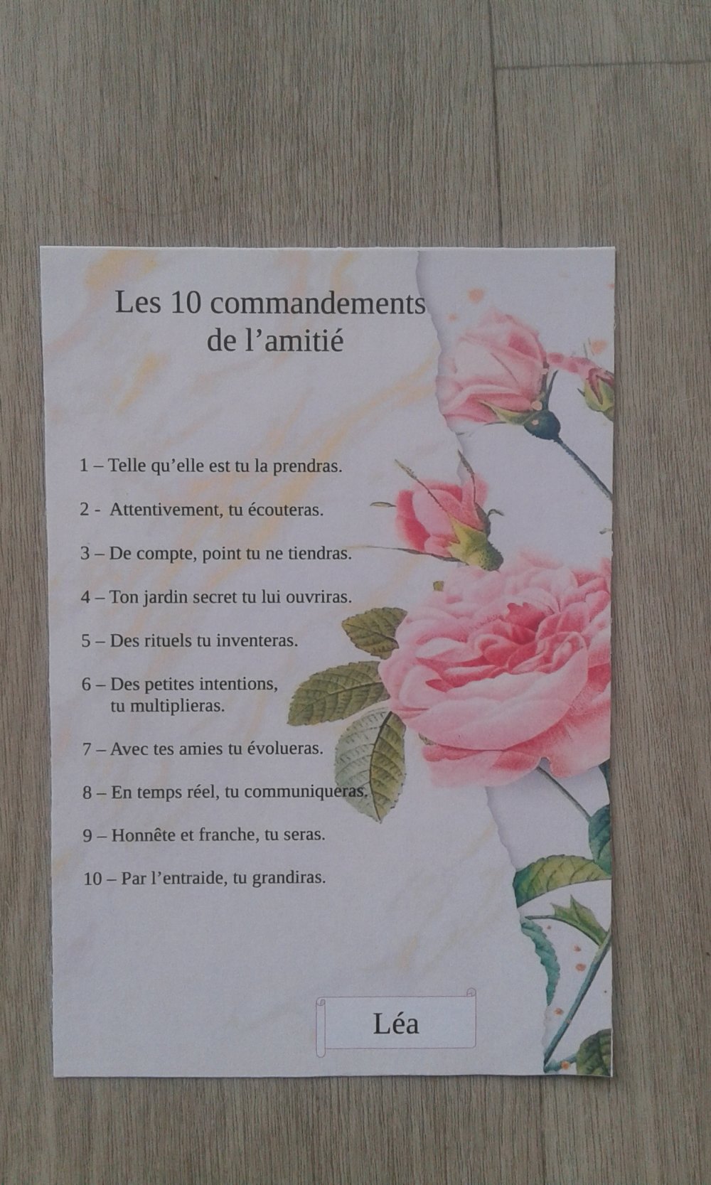 Carte Roses Les 10 Commandements De L Amitie Personnalisable Un Grand Marche