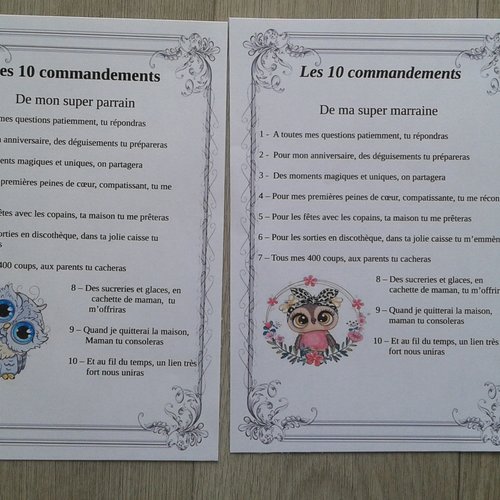 Lot De 2 Cartes Les 10 Commandements Du Parrain Et De La Marraine Personnalisables Un Grand Marche