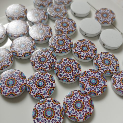 27 perles palets en bois 20 mm trou 1.8 mm motif mandala bleu turquoise