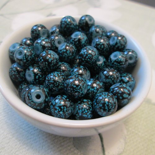 10 perles rondes en verre bleu moucheté 8 mm