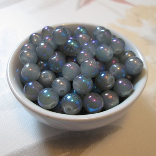 10 perles rondes en verre bleu irisé 8 mm