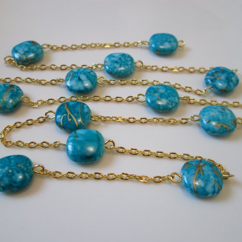 60 cm chaine de perles 11 mm turquoise et or