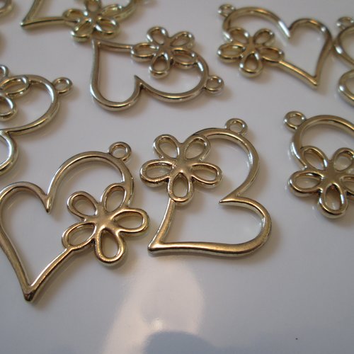 2 pendentif coeur et fleur 25x20 mm métal doré