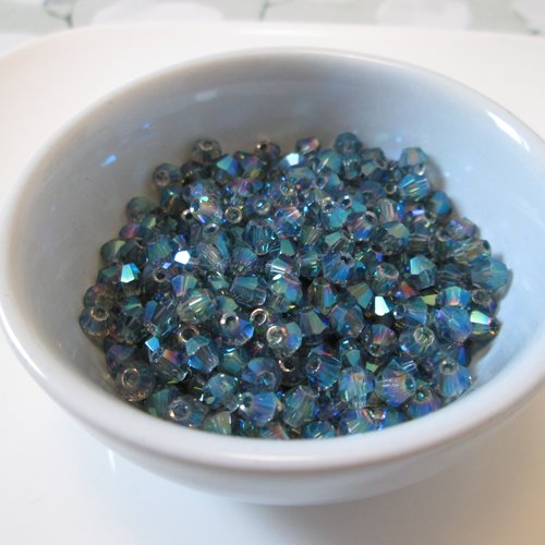 10 perles bicone facettes 4 mm en verre bleu/gris