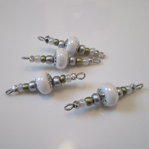 4 connecteurs perle céramique 31x10 mm blanc et kaki