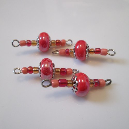 4 connecteurs perle céramique 31x10 mm rouge et rose