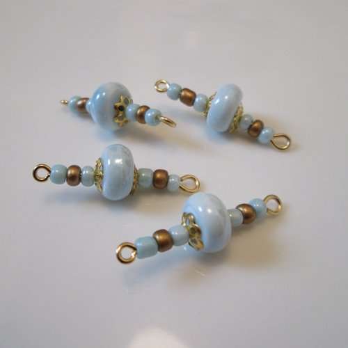 4 connecteurs perle céramique 28x10 mm bleu et or