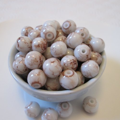 10 perles rondes blanc marbré 10 mm en verre