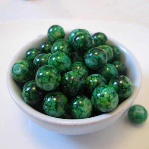 10 perles rondes vert marbré 10 mm en verre