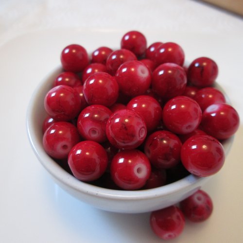 10 perles rondes rouge marbré 10 mm en verre