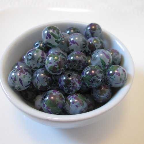 10 perles rondes violet tacheté 10 mm en verre