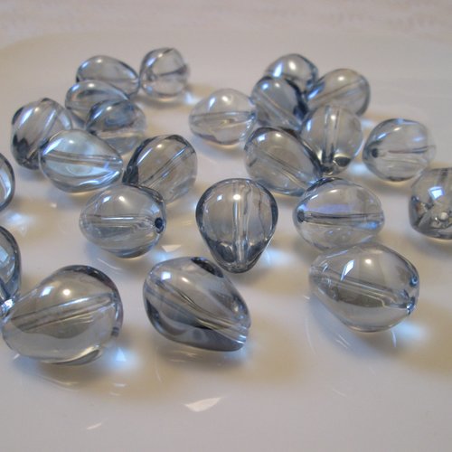 6 perles goutte bleu gris fumée 17x14 mm en verre