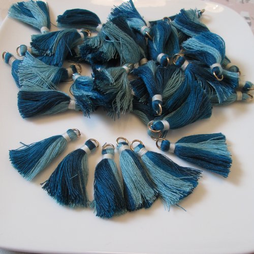10 pompons bicolore bleu en fils de coton 3 cm