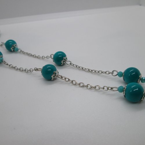 60 cm chaine de perles 8mm verre bleu et métal argenté