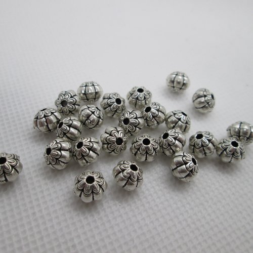 10 perles citrouille fleur en métal argenté 8 mm