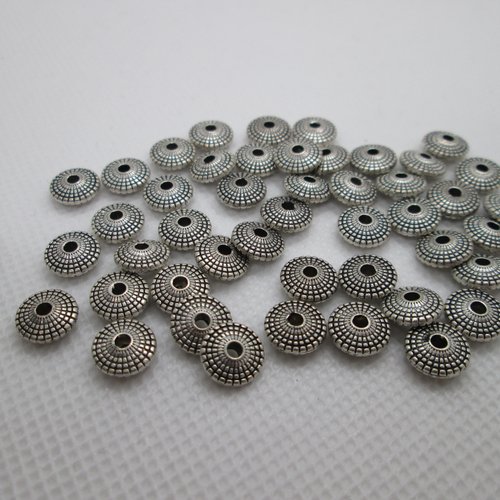 10 perles toupie plate en métal argenté 8 mm