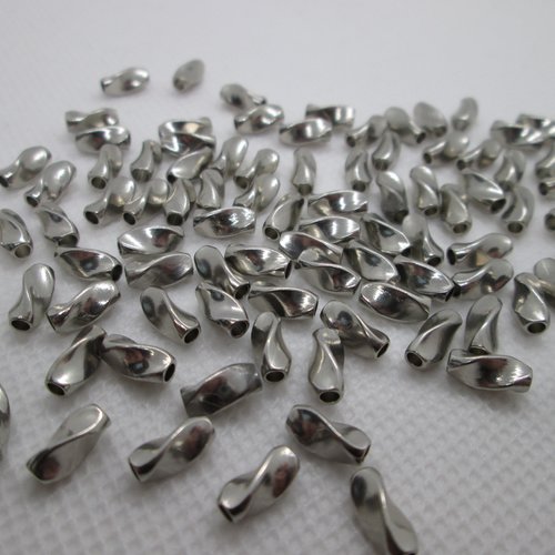 10 perles tube torsade en métal argenté 9 mm