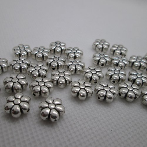 10 perles fleur en métal argenté 10 mm