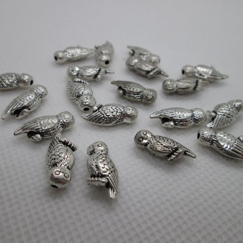 10 perles oiseau chouette en métal argenté 16 mm