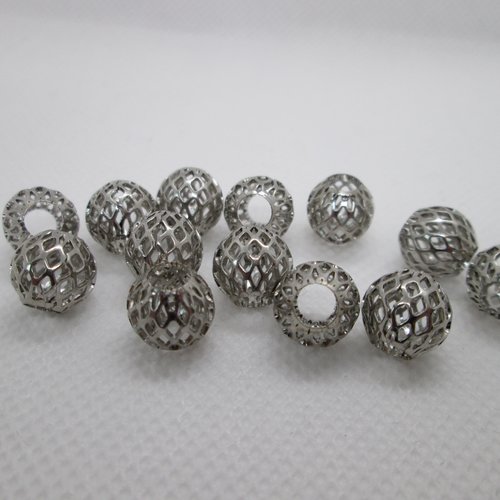10 perles bille ajourée en métal argenté 10 mm