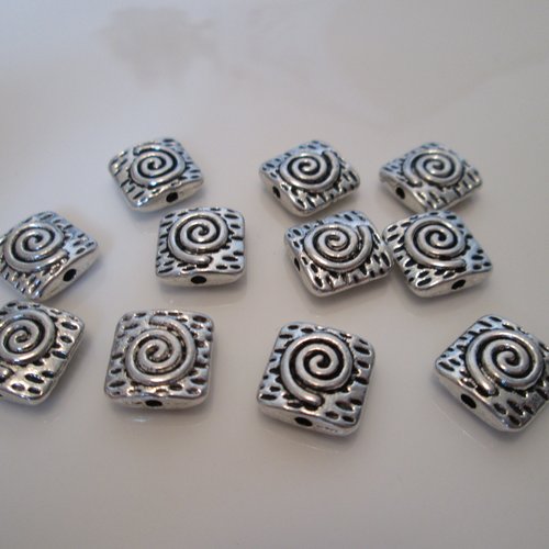 10 perles palet carré spirale en métal argenté 10 mm