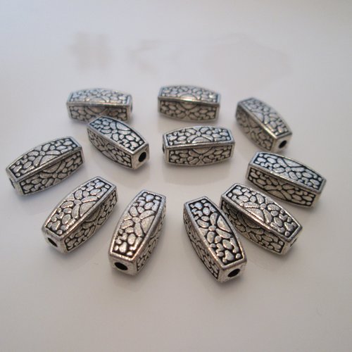 10 perles tube rectangle cubique en métal argenté 12x5 mm