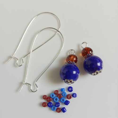 Kit boucles d'oreilles bleu, perles verre, rocaille et crochet métal argenté