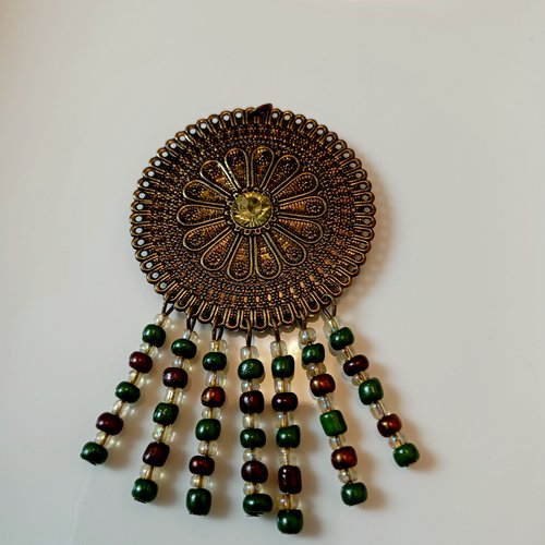 Pendentif rosace bronze et perles de verre 75x45 mm