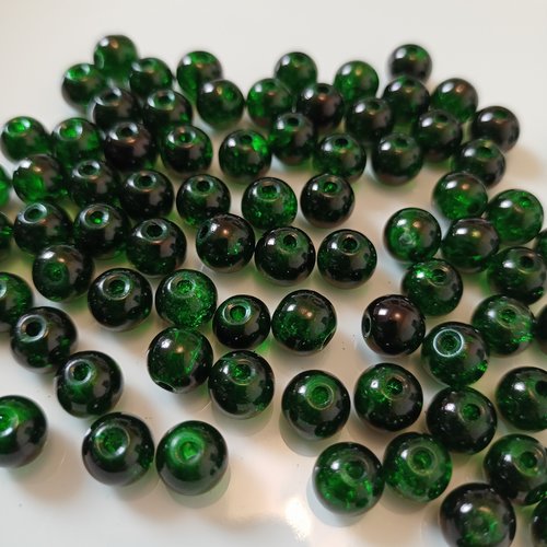 10 perles rondes craquelé dark green 8 mm en verre