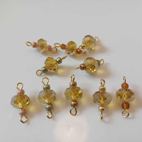10 connecteurs perle en verre ambré clair sur métal doré 17x8 mm
