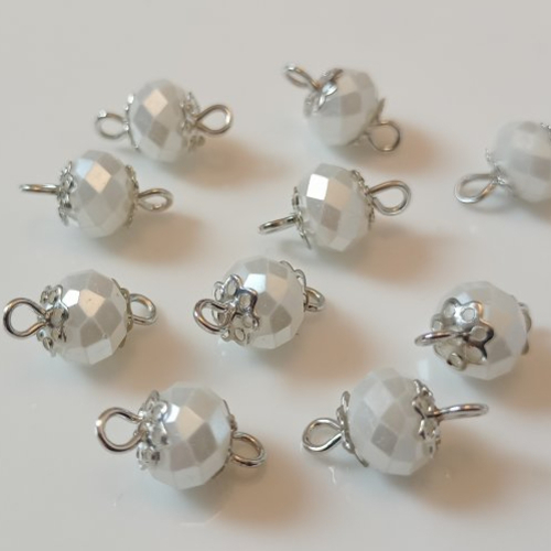 10 connecteurs perle en verre blanc nacré sur métal argenté 14x8 mm