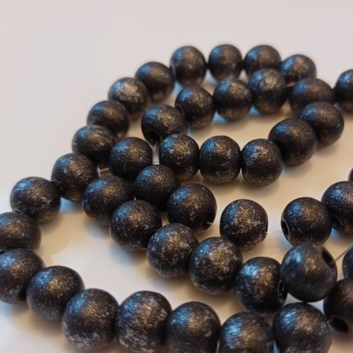 Fil de 50 perles en bois de cyprès 8mm noir tacheté d'argenté