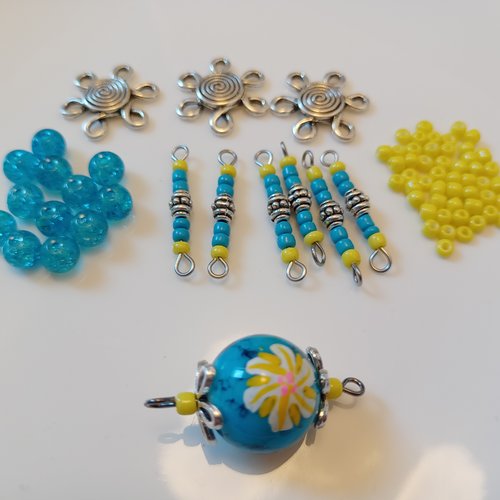 Ensemble connecteurs et perles assortis pour créas jaune et bleu