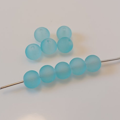 10 perles rondes bleu cyan givré 6 mm en verre