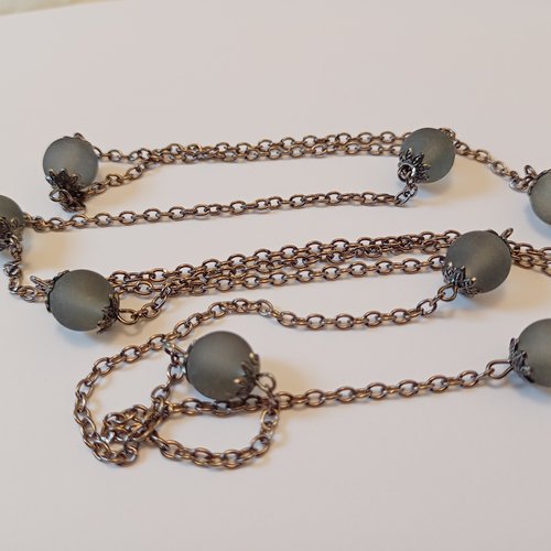 90 cm chaine de perles 10mm verre gris et métal gunmetal