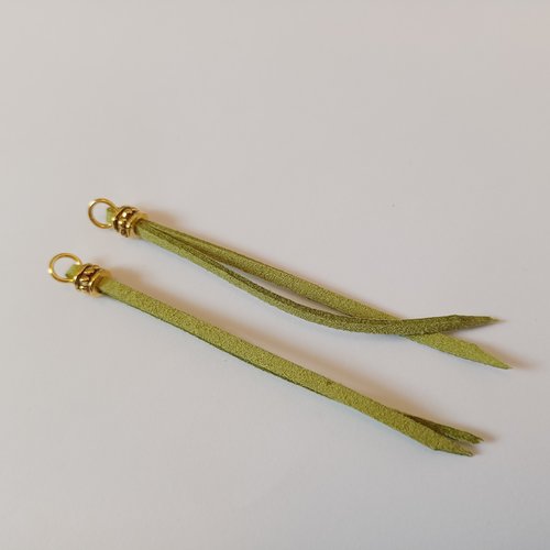 2 pendentifs frange en suédine olive et perles dorées 80x7 mm