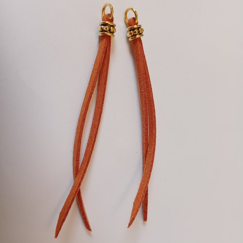 2 pendentifs frange en suédine orange et perles dorées 80x7 mm