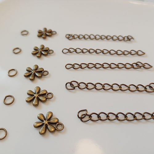 5 chainettes d'extension avec breloque fleur et anneau métal bronze